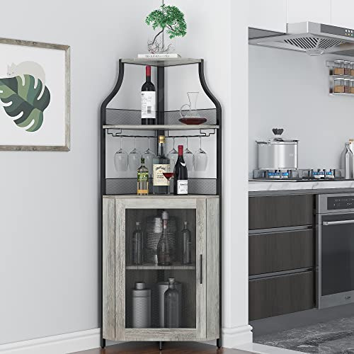 Garvee Armoire à vin d'angle en Bois avec 2 Supports en Verre, Armoire Bar d'angle avec Portes en Maille métallique et 4 étages - avec Plan de Travail - Meuble de Bar pour entrée, Salon, Cuisine