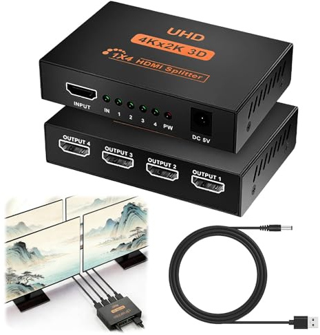 HDMI Splitter 1 Entrada 4 Salidas Splitter HDMI 4K con EDID HDCP HDR 3D | per 4 Monitor PC Laptop Box Multiplicador de Señal HDMI para PS4 PS3 BLU-Ray HDTV STB DVD Monitor Proyector, 1080P