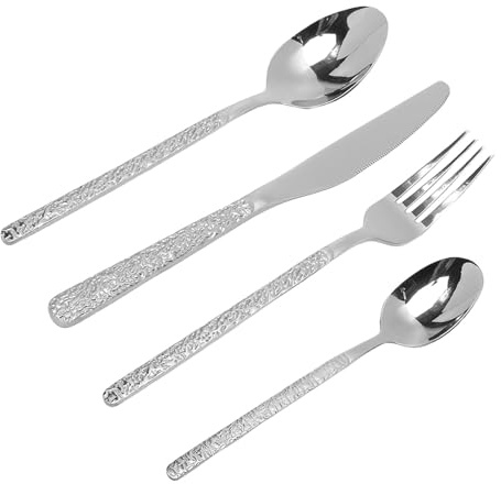 Wakects Wakects 24-delat Silverbestick, Bestick i Rostfritt Stål med Hamrat Mönster, Eleganta Bestick för Hemmamat och Bröllop (Silver) (Silver) ()