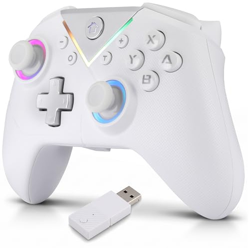 NK Manette Sans Fil Bluetooth pour PC - Compatible avec Switch, Smartphone Android et iOS, 2 Boutons Macro, Double Vibration, 6 Axes, Lumières LED, Couleur Blanche