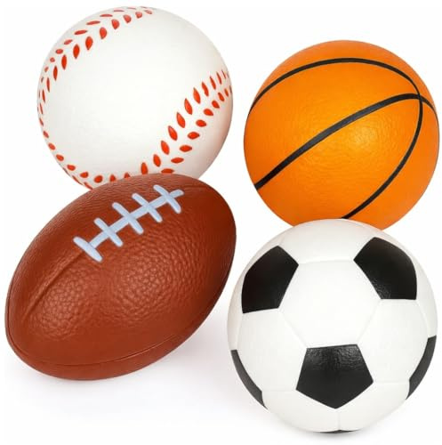 Sports Stress Foam Balls for Kids 2.5 - Set of 4 - Includes Basketball, Football, Baseball, and Soccer Squeezable Anxiety Relief Balls Idea, Party Favor for Boys or Girls