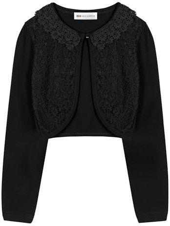 Bolerose Filles Manche Longue Floral Dentelle Boléro Enfants Cardigan (Noir, 11-12 Ans)