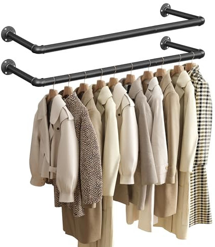 SONGMICS Kleiderstangen für die Wand 2er Set, Garderobenstangen, Wandmontage, platzsparend, 92 x 30 x 7,5 cm, einfache Montage, Industrie-Design, für kleine Wohnungen, schwarz HSR67BK02