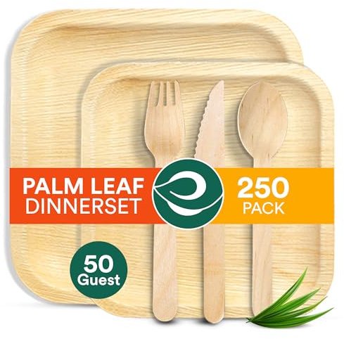 ECO SOUL Palm Leaf Plate Set of 250 for 50 Guests [10, 6 Square Plates, Fork, Knife, Spoon, 50 Count Each] | Biodegradable Disposable Dinnerware for Christmas Dinner, Parties, Wedding & Event