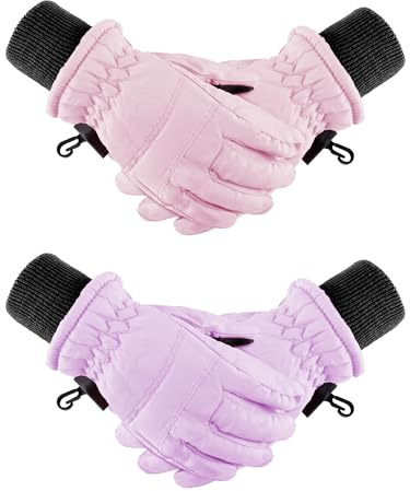 Boao 2 Pairs Kids Winter Ski Gloves Waterproof Warm Snow Mittens Full Finger Gloves for Toddlers Infants (Pink,Light Purple,5-10 Years)