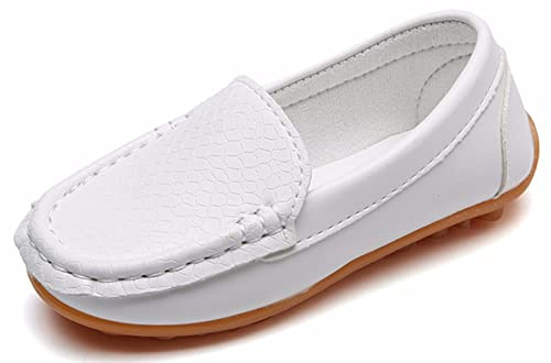 Yeeteepot Mocasines de Cuero para Niños Chicos Chicas Moda Loafers Casual Barco Zapatos Planos Antideslizantes Oxfords Comodidad Zapatos para Caminar, Blanco 35 EU