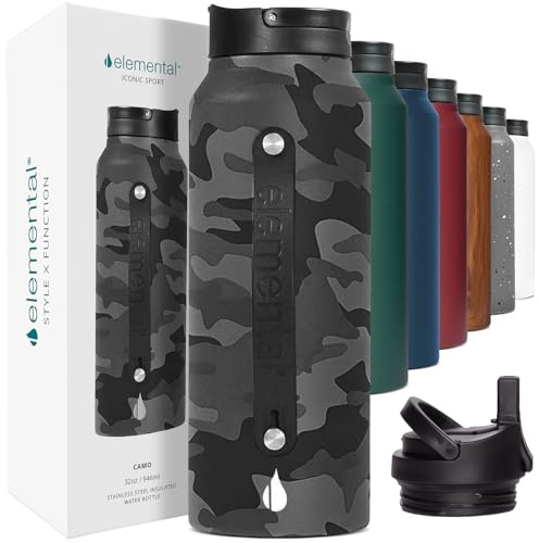 Elemental Iconic Stainless Steel Water Bottle with Straw - 32 oz Leak Proof Triple Wall Insulated Water Bottles for Travel and Sports - Reusable Gym Water Bottle with 2 Straws - Black Camo