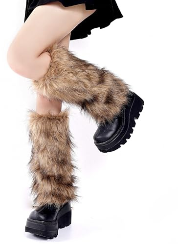 OSPNIEEK Fur Leg Warmers, Furry Leg Warmers for Womens, Faux Fluffy Leg Warmer, Soft Fuzzy Leg Warmer Boot Cuffs Covers for Winter Warm, Christmas, Halloween, Cosplay Party (Brown)