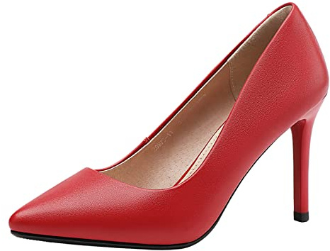 Jamron Femme Cuir Véritable 9CM Talons Hauts Élégant Escarpins Bout Pointu Chaussures de Bureau Rouge SN602C015-3 EU37