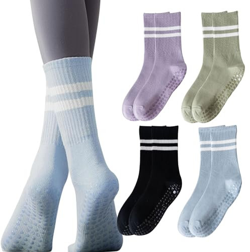 XNIVUIS 4 Paar rutschfeste Yoga-Socken, Trampolin-Socken für Damen, Pilates, Griffe, Yoga-Socken mit Griffen, Fallschutz, Griffsocken für Heimtraining, 4 Paar, One size