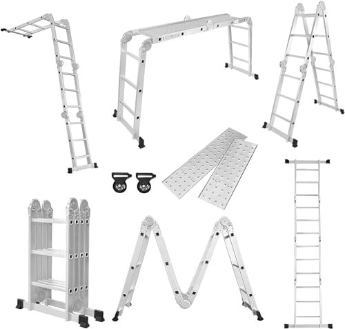 HENGMEI Échelle multifonction 6 en 1 en aluminium avec plate-forme - 3,4 m - Échelle pliante multifonction - Échelle de travail - Échelle domestique jusqu'à 150 kg - 4 x 3 marches avec 2 plaques