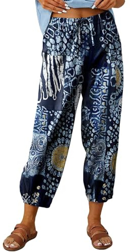 ABYOVRT Pantalon 7/8 Femme Été Imprimé Bohème Lin Ample Longueur Pants Cordon pour Décontracté à Jambes Léger en avec Poches Pantalon De Plage,Bleu foncé,M