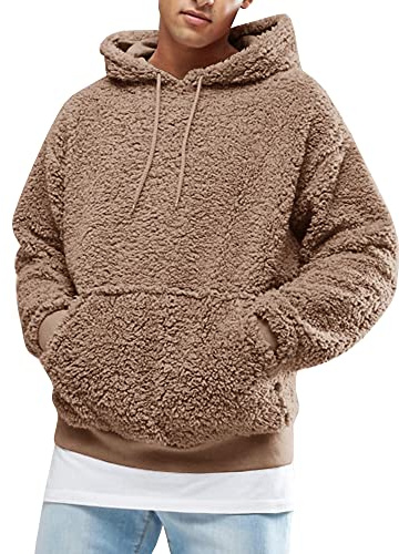 Runcati Mens Hoodie Fluffy Sherpa Hooded Jumper Fuzzy Plush Sweatshirt Teddy Fleece Kangaroo Pocket Winter Outwear, Brown, L
