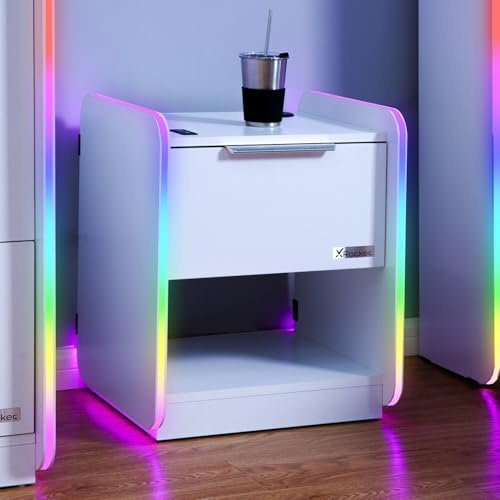 X-Rocker Electra 45cm x 40cm, RGB LED Bedside Table & Drawer - Neo Motion™ Sync App Controlled LED Lights, Wireless Charging, 1 Drawer, Storage Shelf, Durable Wooden Frame for Kids & Teens - White