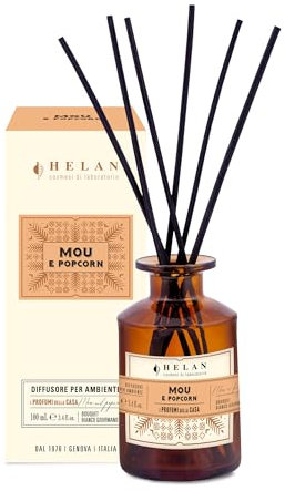 Helan Mou e Popcorn - Profumatore per Ambienti, Profumo Ambiente con Bastoncini per Diffusori con Latte Condensato, Mandorla, Pesca, Idee Regalo Deodorante e Profumatori Ambiente 100 ml, Made in Italy