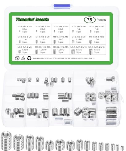 sourcing map 75Pcs Threaded Inserts, 10 Sizes Stainless Steel 303 Screw Thread Sleeves Thread Repair Insert for Mechanical Equipment