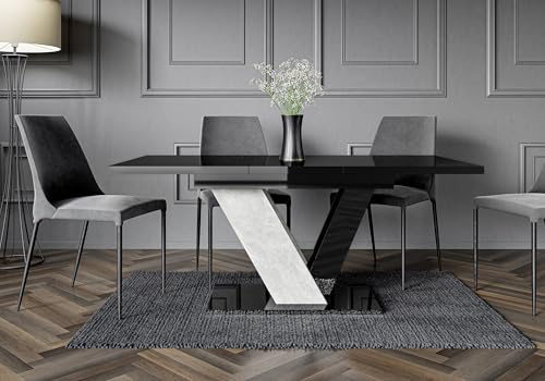 Extendable Marble Effect Dining Table, Elegant Modern Design, Sturdy Construction, Ideal for Dining Rooms, Easy-to-Clean | Accommodates Up to 6 People | 120-160 cm Length, White (Black Gloss)