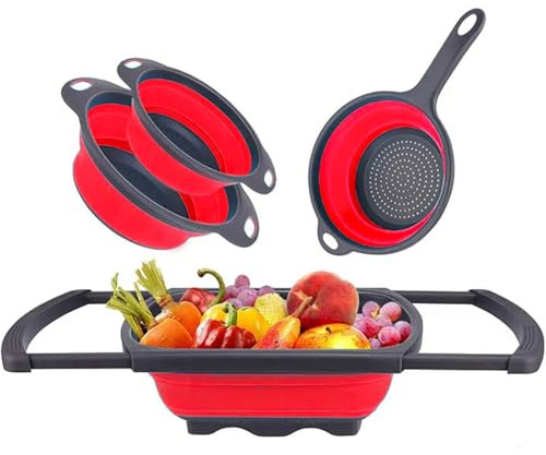 Kökssil set, 4 stycken vikbara pastasilar, sil för nudlar, grönsaker och frukt, 3 färger (röd)