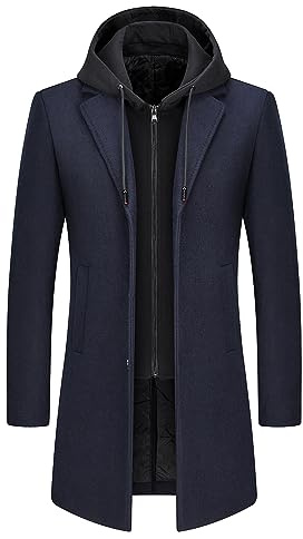 KUDMOL Abrigo para hombre de lana con capucha desmontable, cálido, largo, estilo trench, para invierno, cabán, parka para hombre slim fit, azul marino, XXL