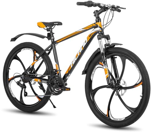 Hiland 26 tums mountainbike för vuxna, aluminiumram, 21 växlar, dubbel skivbroms, 6 ekrhjul, män kvinnor MTB cykel, orange