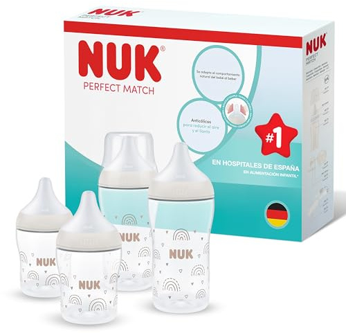 NUK Perfect Match Babyflaschen | 0-3+ Monate | 150 ml & 260 ml | Anti-Kolik-Trinkflasche | PP | Temperature Control Anzeige | Regenbogen | 4 Stück