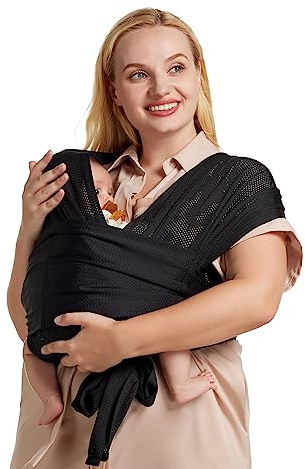 Momcozy Fascia Neonato Con Fibbia, Wrap/Marsupio Regolabile In Rete Traspirante Air-Mesh, Facile Da Indossare, 3,6–15 Kg, Vita 76–119 Cm，Nero pece