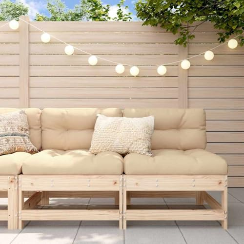 Teenpull mellansoffa med kudde 2 st. Massivt furu, modulär trädgårdsoffa för utomhusbruk, utemöbler, beige kudde, robust loungesoffa, 110 kg lastkapacitet