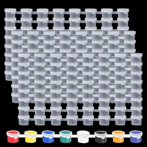 Sixfolo 200 Tomma Färgbehållare med 5ml 25 Strips Mini Färgburkar med Lock Små Plasthållare för Måleri Toma Färgbehållare för Skolor, Målningar, Festivaler