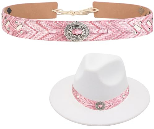 CALFOVERA Bandeau de Chapeau de Cowboy Rose en Cuir PU Style Western Ethnique Style Fedora Panaméen avec Bouton en Alliage Argenté Antique Accessoire pour Femmes et Hommes.