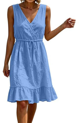 Midi Sundress for Women UK V Neck Sleeveless Cotton Linen Dress Summer Casual Loose Fit Midi Dresses Ladies Comfy Lounge Tank Vest Dress Beach Holiday Elegant Sundress