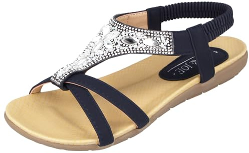 Jo & Joe Ladies Faux Leather Peep Open Toe Sling Back T-Bar Dimante Flat Flip Flop Sandals Size 3-8 (UK 6, Navy)