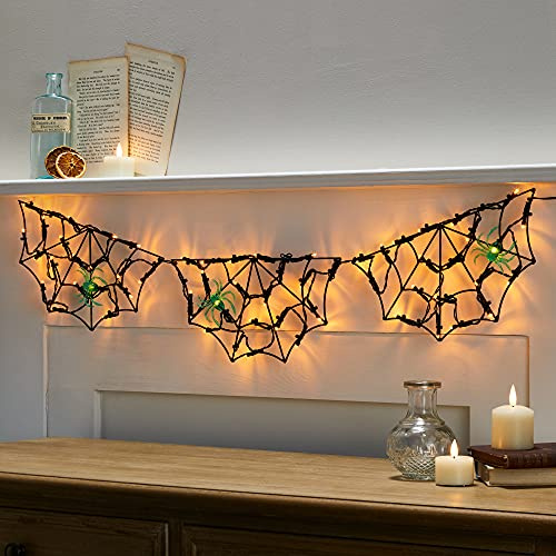 Lights4fun Toile d’Araignée Lumineuse Déco d’Halloween à LED Ambre à Piles pour Extérieur