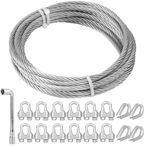 TooTaci 6mm Wire Rope, 5M/6mm Stainless Steel Cable, 7×19 Strands Heavy Duty Steel Tension Wire with 12pcs M6 Rope Clamps & 4pcs Steel Thimbles M6, for Outdoor Hanging/Garden/Railing/Clothesline