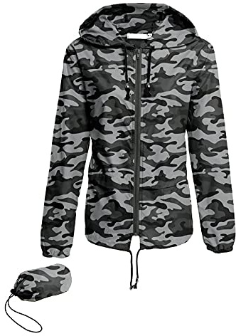 Avoogue Lightweight Raincoat Walking Jackets Women's Waterproof Windbreaker Packable Outdoor Hooded Fall Rain Jacket Gray Camouflage L