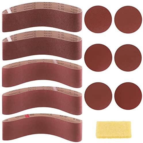 Swpeet 23Pcs 4 x 36 Inch Aluminum Oxide Sanding Belts (80/120/150/240/400 Grits) with 6 Inch No-Hole Back Flocking Sanding Disc (80/100/120/180/240/400 Grits) and Cleaning Eraser