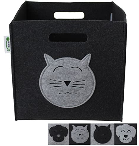 SILUK Filzkorb Korb Kinder Aufbewahrungsbox Spielzeugkiste für Kinderzimmer Spielzeug Faltbar (33x33x33) Aufbewahrung im Kallax Regal (Anthrazit, Katze)
