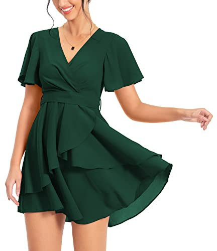 PCEAIIH Women's Cocktail Dresses Short Sleeve Empire Skater Dress Deep V-Neck Waist Tie Ruffle Mini Swing Dresses XL Dark Green