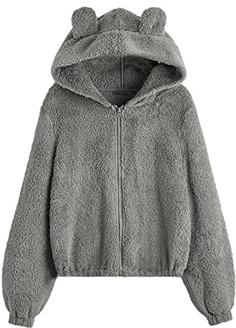 Generic - Cappotto in pile da donna con cappuccio, orecchie, tasche, patchwork, top casual, in pelliccia sintetica, per esterni 2023, cappotto in lana, ampio, felpa con cappuccio, tinta unita, morbida