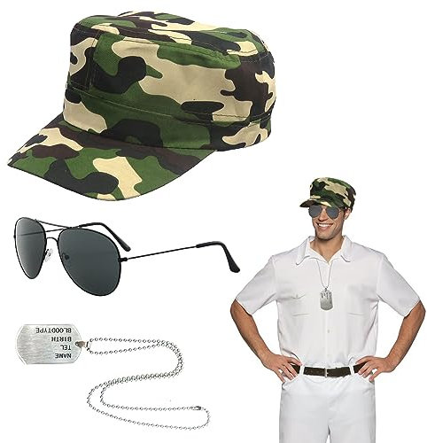 SKHAOVS 3 Stück Flieger Captain Kostüm Set Armee Taktische Militärmütze Camping Accessoires Camo Hüte für Männer Sonnenbrille Erkennungsmarke für Zubehör Halloween Party Kostüm Dress up (3pcs)