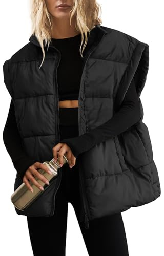 SENSERISE Womens Oversized Puffer Vest Quilted Jacket Bubble Vest Puffy Coats Zip Up Outerwear with Pockets Padded Gilet, Black, Large