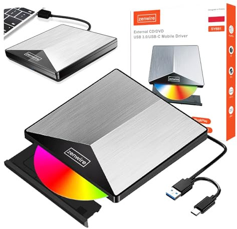 Zenwire - Externes Tragbares Laufwerk - DVD CD Player - RW 2W1 USB 3.0 und USB-C 3.1 - für Laptop und Computer - mit Antischocksystem - Aluminium Recorder - fur Windows, Mac, Linux