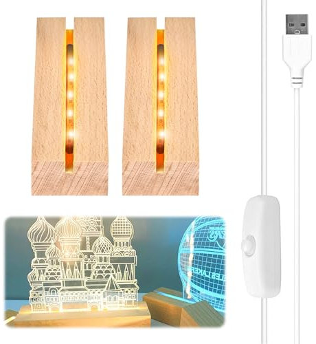 Vegena 2 Stück Led Sockel Holz, Led Display Basis, Led Lichtsockel USB, LED-Leuchten-Sockel Rechteckiger Beleuchteter Holzsockel für Acrylplatte, Kristallglasplatte (10cm Lang, Warmweiß)