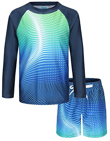Jungen Langarm Badeset UV Shirt+Badeshort Kinder Zweiteiliger Badeanzug Schnelltrocknendes Schwimmanzug 146 152/11-12 Jahre