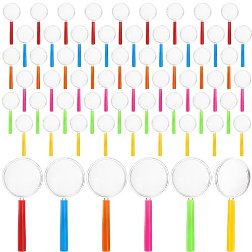 Foraineam 60 Pack Plastic Magnifier Colorful Magnifying Glasses Mini Hand Lens Portable Handheld Magnifying Lenses for Reading, Outdoor Observation, 6 Colors