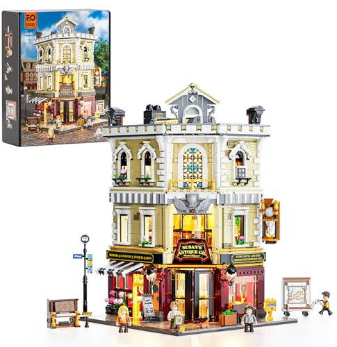 Funwhole Antiquitätengeschäft Beleuchtung Bausteinset Stadtleben Eckladen LED-Licht Baukasten Modellset 2847 Stücke für Erwachsene und Jugendliche,F9033