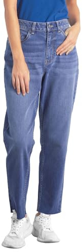 Enorsia Jeans da donna Mom Fit Raw Edge con lavaggio Mid Vintage, 5 tasche tradizionali, tasca posteriore ricamata, chiusura con bottone con zip, passante per cintura e orlo con bordo grezzo, Blu, 44
