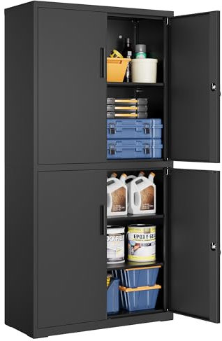 SONGMICS Aktenschrank, Mehrzweckschrank, Büroschrank, mit 4 Türen und 5 Ebenen, 40 x 80 x 180 cm, 2 Schlösser, verstellbare Ablagen, Aufbewahrungsschrank aus Stahl, Mattschwarz OMC016B01