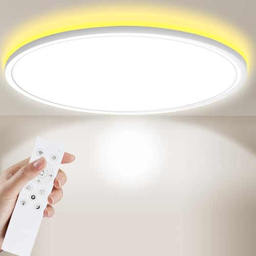 Psatfito G LED Bathroom Light, 3000K-6000K Dimmable Bathroom Lights Ceiling with Remote Control, 24W 2800LM Bathroom Ceiling Light with Night Light Mode, IP54 for Bedroom, Living Room, Ø18CM