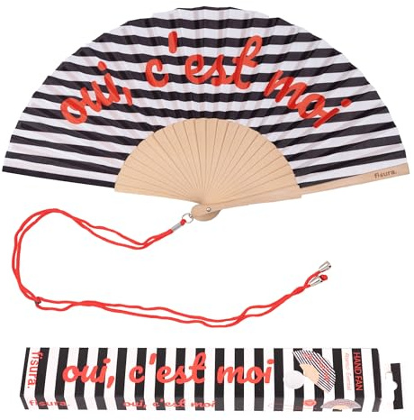 Fisura – Ventaglio in legno a righe con messaggio “oui, c’est moi”. Accessorio alla moda e colorato, ventaglio a mano bianco e nero con pratico gancio. Dimensioni: 42,5 x 23 cm