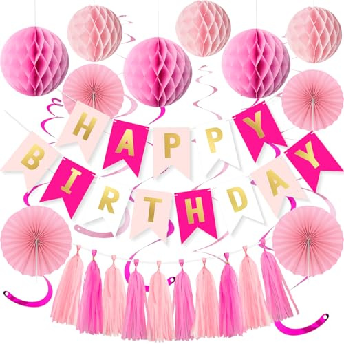 Pink Birthday Decorations Set for Women Girls Happy Birthday Banner Honeycomb Balls Paper Fans Hanging Swirl Streamers Tassels Complete Pink Birthday Party Decor Supplies